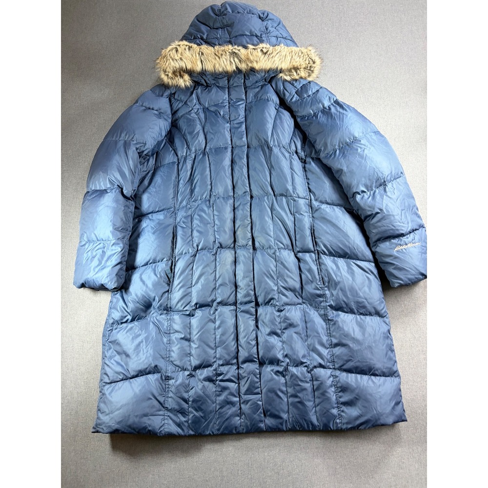 Eddie Bauer Women 2X Sun Valley Down Parka Navy Blue Faux Fur Hood Puffer Coat